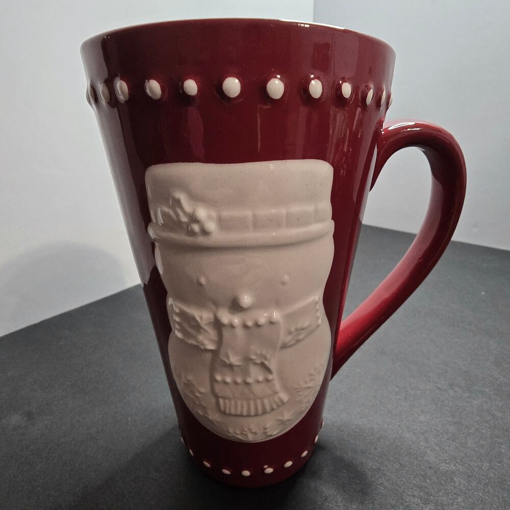 Hallmark Snowman Latte Mug Red White Embossed 16 Oz Christmas 2018